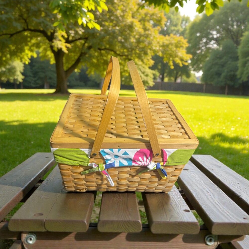 Vintage Wooden Basket Cottagecore Farmhouse Decor w Removable Polka Dot Liner